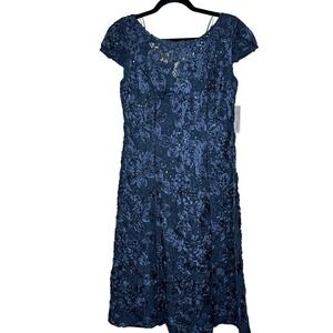 Alex Evenings Navy Blue Floral Lace Sequin Rosette Embellished Midi Dress Size 8